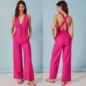 NWT Deluc Hot Barbie Pink Tie Front Linen Blend Jumpsuit XS Backless Wide Leg